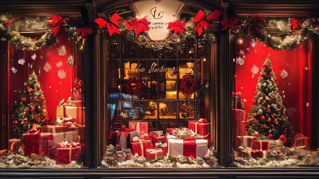 Elegant Christmas window display with a decorated tree and wrapped gifts, showcasing festive holiday cheer.