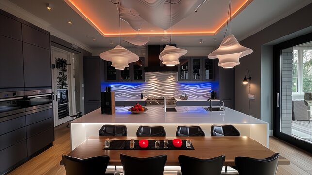 Elevate your kitchen with statement lighting such as a sculptural chandelier or oversized pendant lights for a modern focal