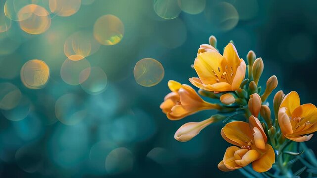 Orange freesia flowers in bloom, set against a blurred background with warm bokeh lights, creating a serene and elegant atmosphere.
