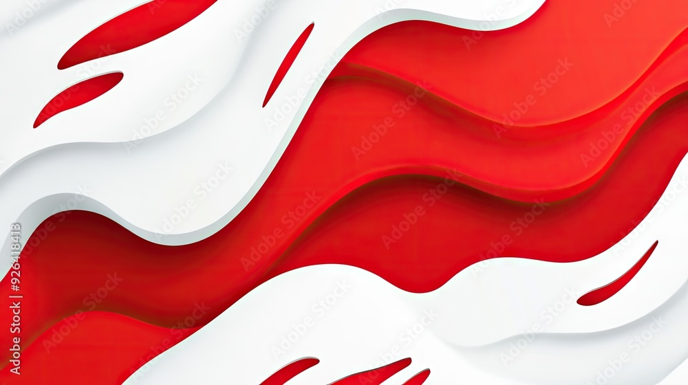 Poster bold and modern abstract design with red and white patterns, including sharp lines and smooth gradie