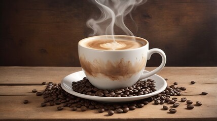 Obraz premium Watercolor coffee cups on a vintage wooden background with scattered beans.