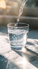 Water being poured into a glass, with droplets condensed on the outside, illustrating the refreshing, chilled nature of the drink.