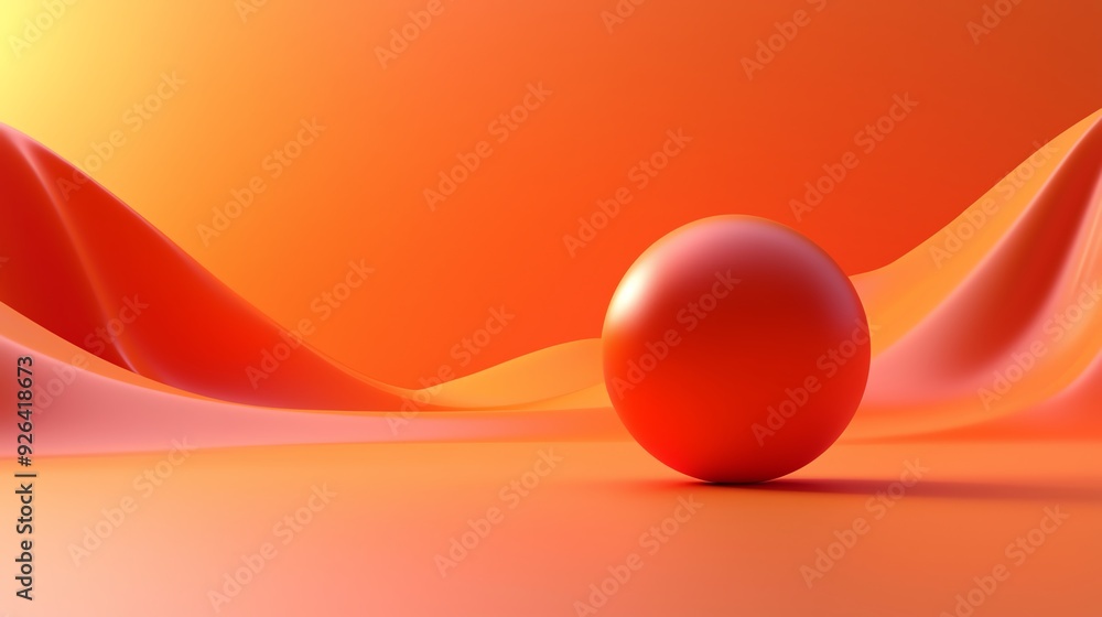 Poster a vibrant orange scene featuring a smooth sphere resting on flowing waves, perfect for abstract and 