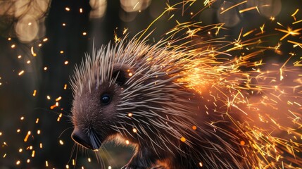 Porcupine with erected quills in the forest