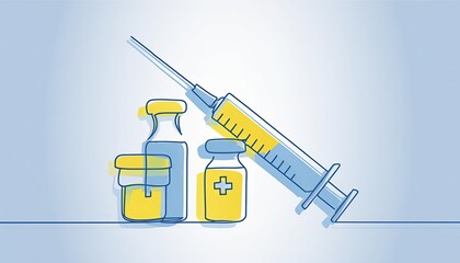 One continuous line drawing of medicine set with syringe and vial. Pharmaceutical components