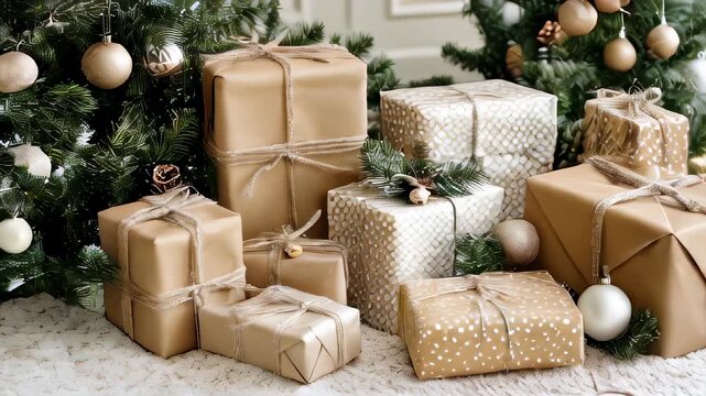 Beautifully wrapped Christmas presents in neutral tones under a festive tree, decorated with natural elements.
