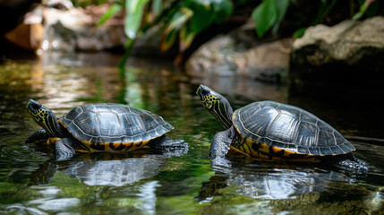 Fototapeta premium Hawksbill turtles are alone in the water. --ar 16:9 --v 6.1 Job ID: 3683328b-f17b-439e-8fa7-949e2931621f