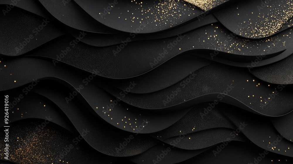 Poster chic abstract 3d background of black sliced paper layers adorned with golden glittering accents, pro