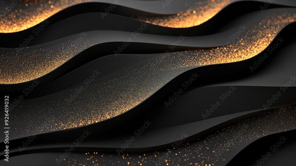 Poster chic abstract 3d background of black sliced paper layers adorned with golden glittering accents, pro