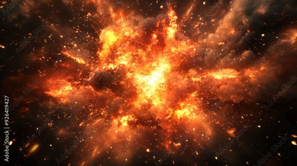 Poster an explosive burst of fire and particles creating a dramatic cosmic effect.