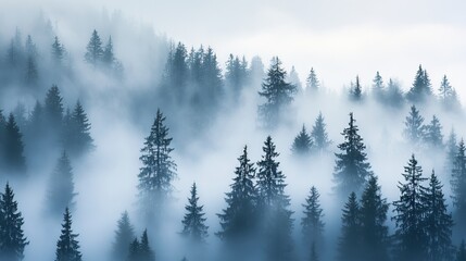 Dense Fog Enveloping a Pine Forest with Only the Tops of the Tallest Trees Visible Through the Mist, Creating a Mysterious Atmosphere. AI generated illustration