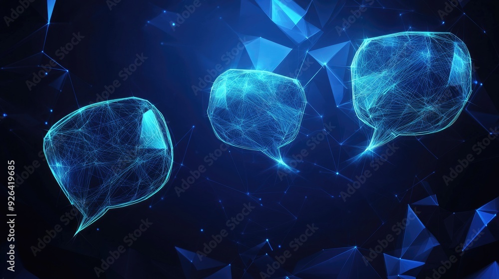 Poster communication concept on a dark blue polygonal background with glowing speech bubbles. ideal for e-c
