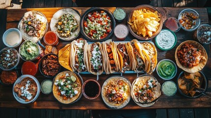 A table covered with an array of tacos and traditional Mexican sides, seen from above, ready for a flavorful meal