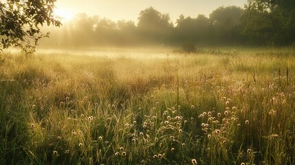 Tranquil Meadow at Sunrise with Dew-Covered Grass and Wildflowers, Illuminated by the First Rays of Light. AI generated illustration