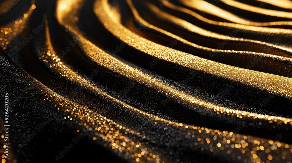 Poster curved gold lines with sparkling effects on a 3d black background, perfect for a luxury-style templa