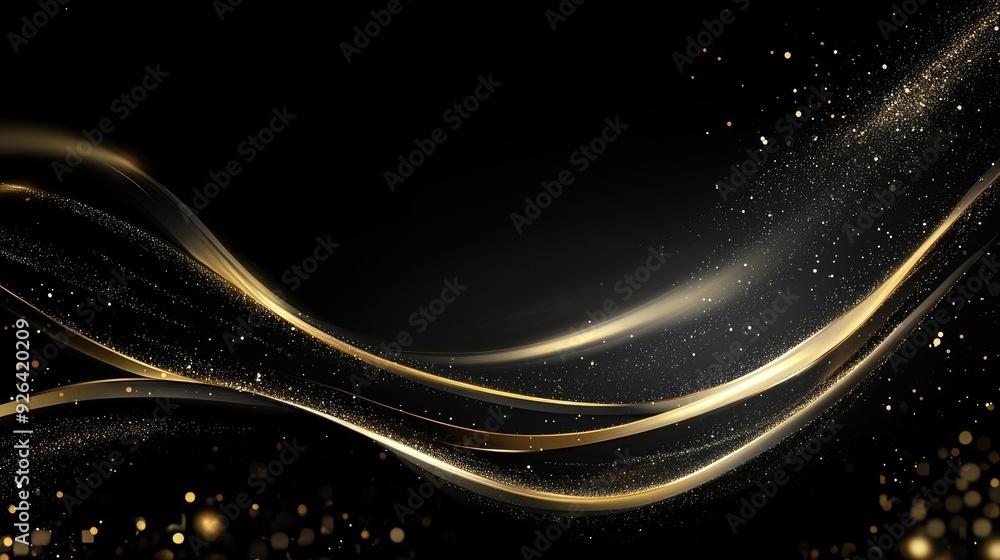 Poster curved gold lines with sparkling effects on a 3d black background, perfect for a luxury-style templa