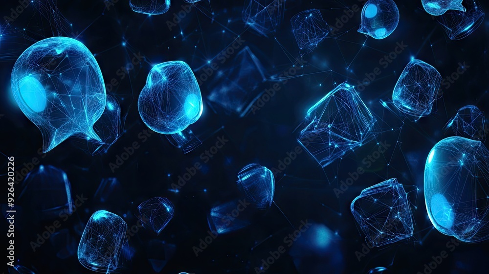 Poster dark blue abstract banner with glowing speech bubbles and polygonal patterns. perfect for communicat