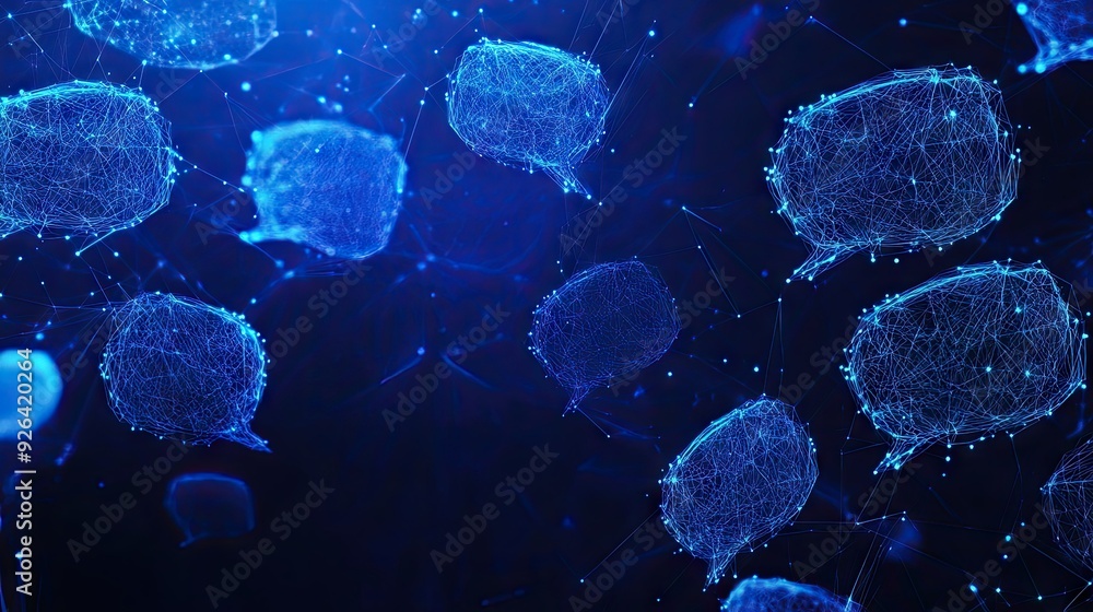 Poster dark blue abstract banner with glowing speech bubbles and polygonal patterns. perfect for communicat