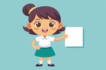 Set of elementary school student little girl character. Schoolgirl shows a gesture cool, poses, points to a blank poster, writes in a notebook, shrugs
