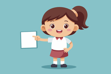 Set of elementary school student little girl character. Schoolgirl shows a gesture cool, poses, points to a blank poster, writes in a notebook, shrugs
