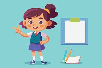 Set of elementary school student little girl character. Schoolgirl shows a gesture cool, poses, points to a blank poster, writes in a notebook, shrugs
