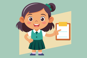 Set of elementary school student little girl character. Schoolgirl shows a gesture cool, poses, points to a blank poster, writes in a notebook, shrugs
