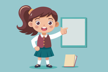 Set of elementary school student little girl character. Schoolgirl shows a gesture cool, poses, points to a blank poster, writes in a notebook, shrugs
