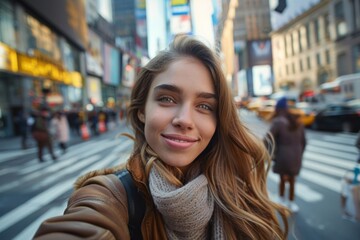 Young female tourist taking a selfie in the city center