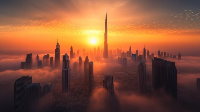 A stunning scene of the sun setting over downtown Dubai, with the Burj Khalifa standing tall against the vibrant sky. 