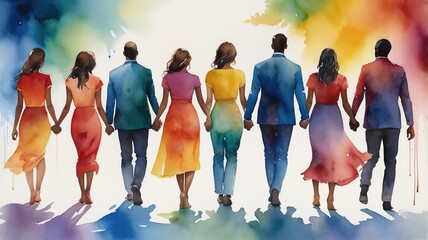 Obraz premium Watercolor painting of united men and women, holding hands and moving forward in solidarity.