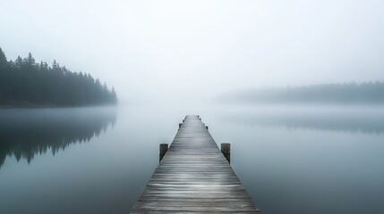Naklejka premium Weathered Wooden Pier Extending into a Foggy Lake with Calm Waters and Dense Forest Barely Visible in the Distance. AI generated illustration
