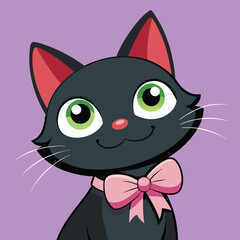 A black cat with green eyes, pink ears, a cheerful smile, a pink bow tie, a light purple background, very cute.
