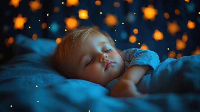 Side view of a beautiful and cute male toddler baby kid sleeping peacefully in bed with starry night background. Sweet dreams, childhood innocence.
