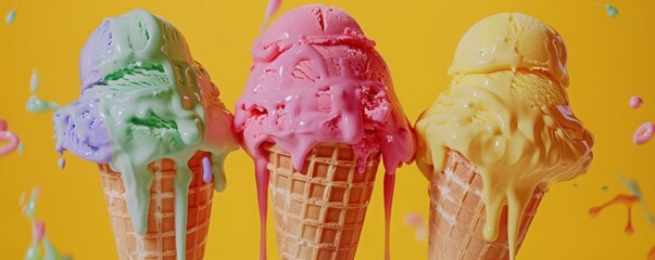 Colorful Ice Cream Melting on Mockup Waffle Cones Against a Yellow Background