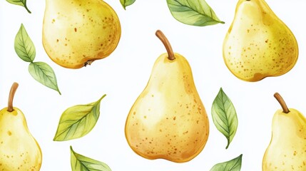 Obraz premium Close up cartoon pears and leaves on a white background. Pear fruit texture