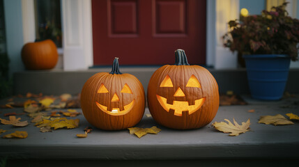 Halloween Jack-o-Lantern pumpkins in front of a house