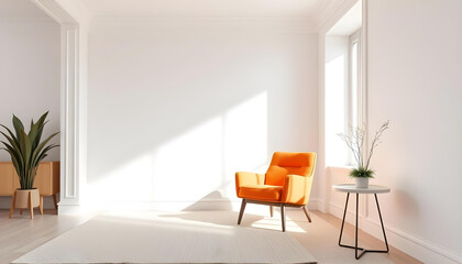 Orange armchair in a modern minimalist living room with white walls and a large window