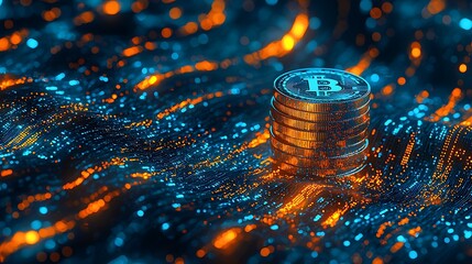 A 3D digital coin stack surrounded by flowing data streams, symbolizing digital wealth management