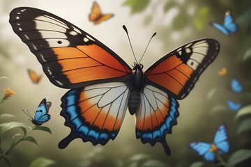 Obraz premium A vibrant butterfly with orange, blue, and white wings against a green blurred background.