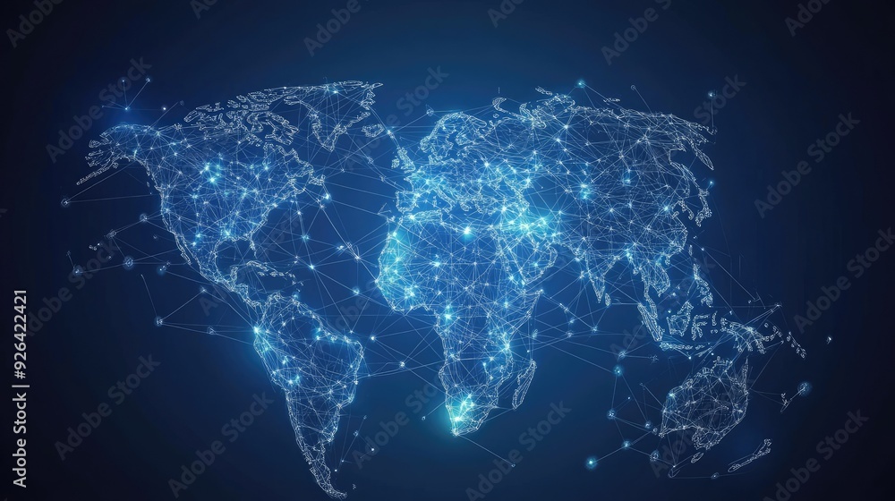 Poster digital world map with abstract global connections and data networks. vector illustration of telecom