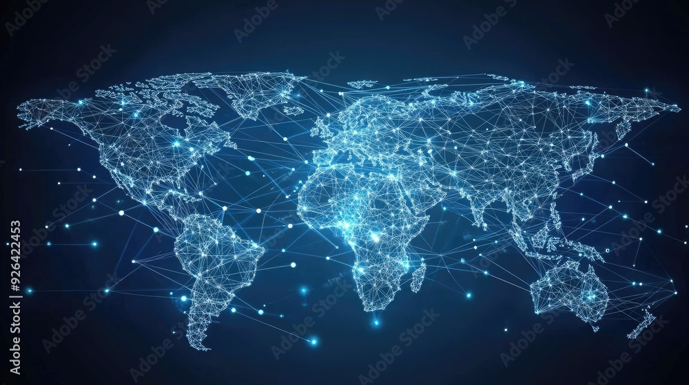 Poster digital world map with abstract global connections and data networks. vector illustration of telecom