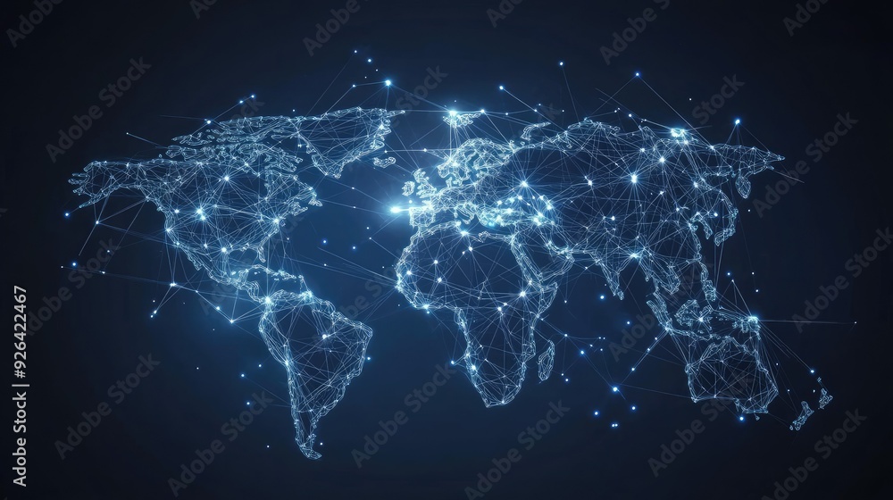 Poster digital world map with abstract global connections and data networks. vector illustration of telecom
