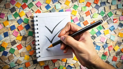A close-up of a hand holding a pen, surrounded by scribbled notes, with a bold black checkmark standing out against a messy yet creative background.