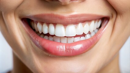 Obraz premium A close-up of a healthy, pearly white smile with straight teeth and gums, illuminated by soft natural light, conveying a sense of confidence and wellbeing.
