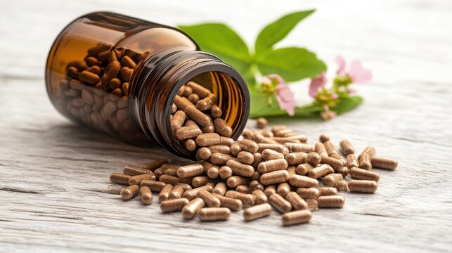 5-HTP Capsules with Griffonia Seeds: 5-HTP capsules in a bottle with fresh Griffonia simplicifolia seeds.