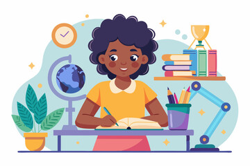 Studying. African American girl student at the desk studying science. Vector illustration
