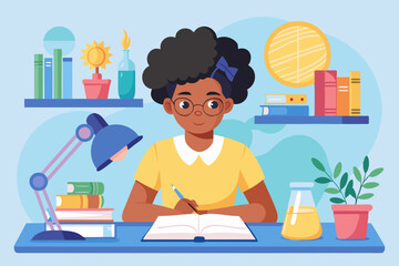 Studying. African American girl student at the desk studying science. Vector illustration
