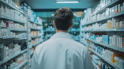 A young pharmacist in a white coat is standing in a pharmacy aisle, viewed from behind, surrounded by shelves filled with medications.

