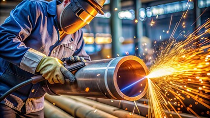 A close-up of a welder's gloved hand holding a welding torch, sparks flying, as they work on a metal pipe in a factory setting.