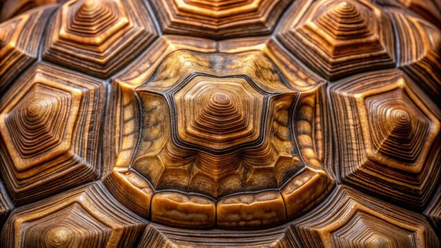 A close-up of a turtle's shell reveals intricate texture and pattern of scaly plates, ridges, and grooves in muted earth tones and shades of brown.
